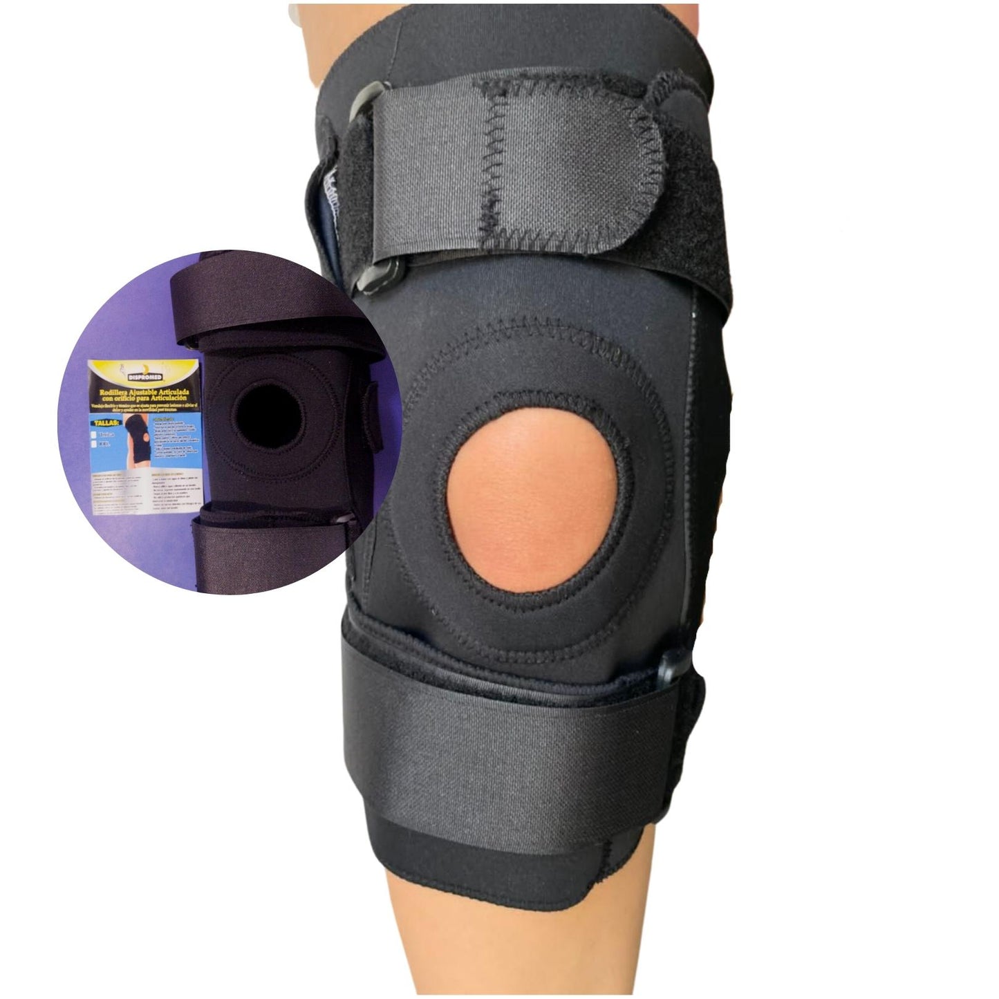 Rodillera ajustable articulada con orificio de neopreno DISPROMED