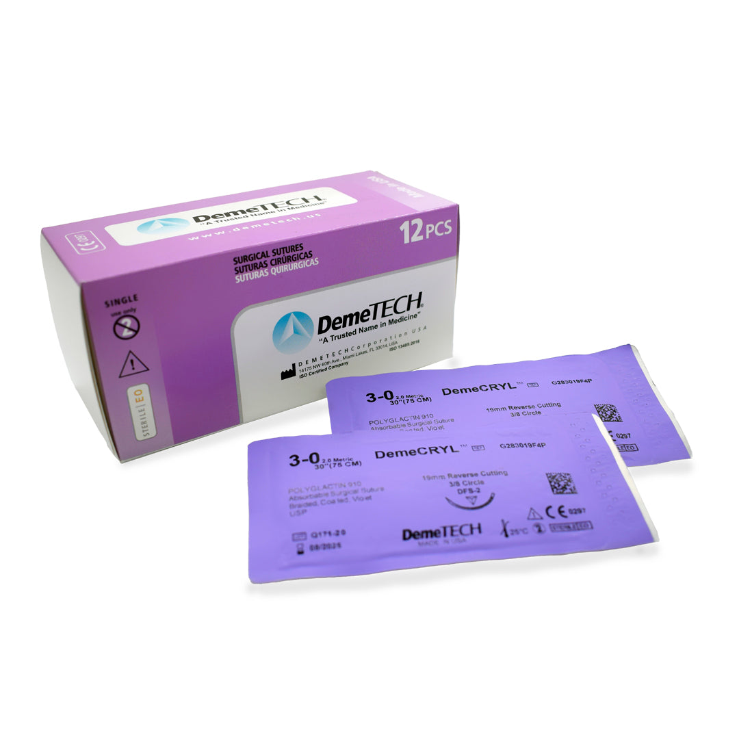 Sutura Demecryl™ 3-0 Vicryl aguja cortante cónica DEMETECH