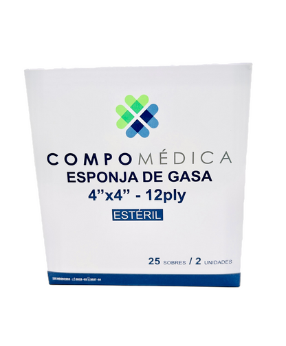 Gasa médica estéril 4” x 4” sobre de 2 unidades caja x 25 sobres COMPOMEDICA